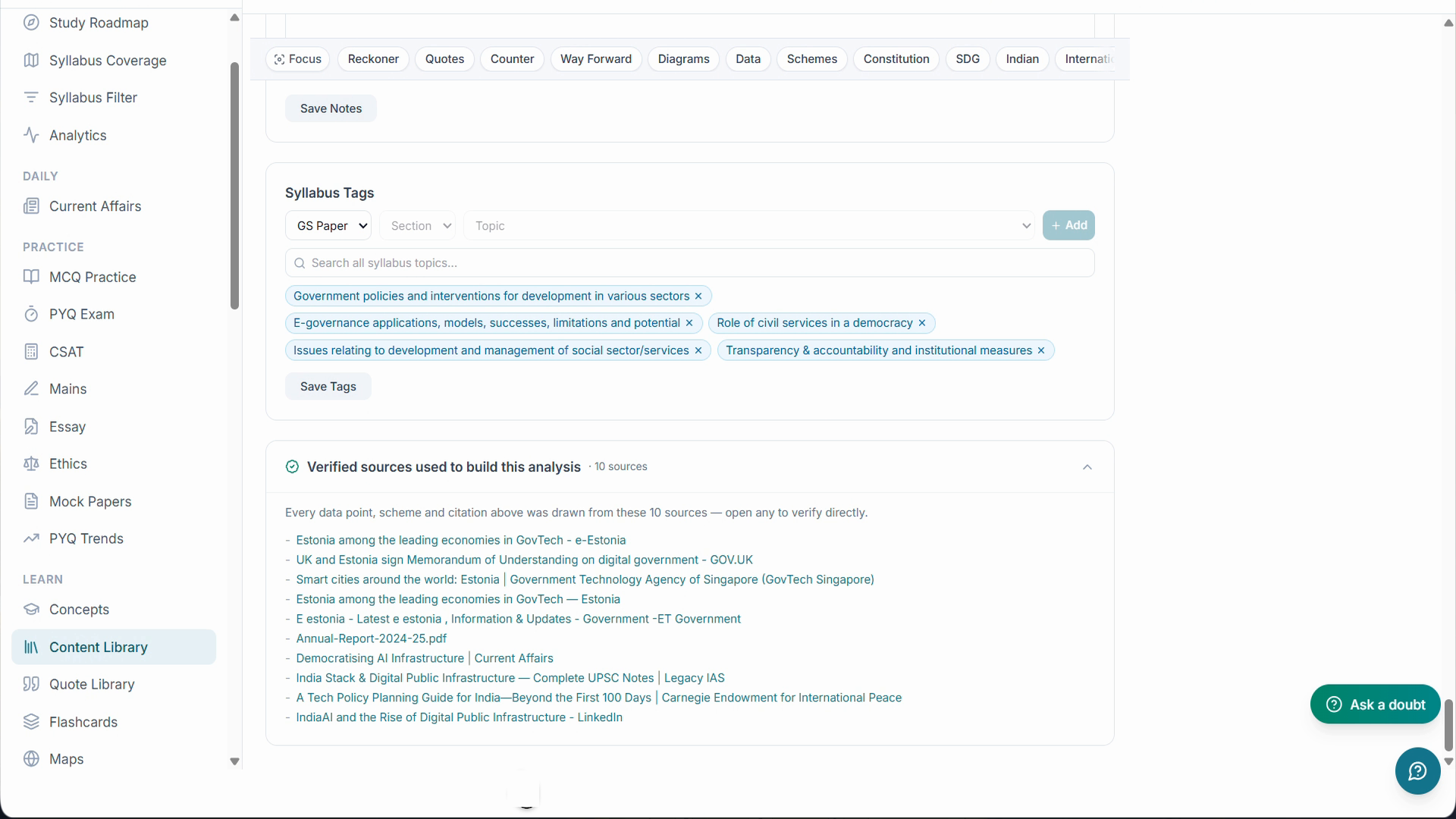 Content Library discovery view with saved topics and categories